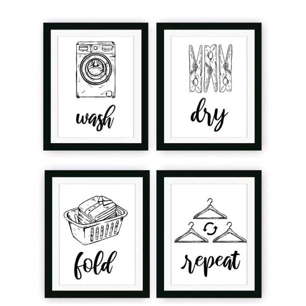Laundry Room Signs(Set of 4 framed-11x9Inches) Wall Art Decor Prints